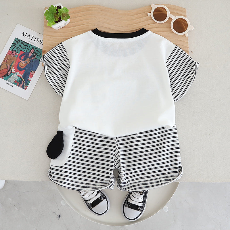 Boys White & Black Striped Shirt with Shorts
