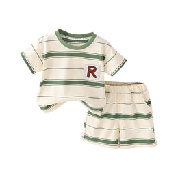 Boys Green Striped Round Neck Short Sleeves Shirt With Shorts