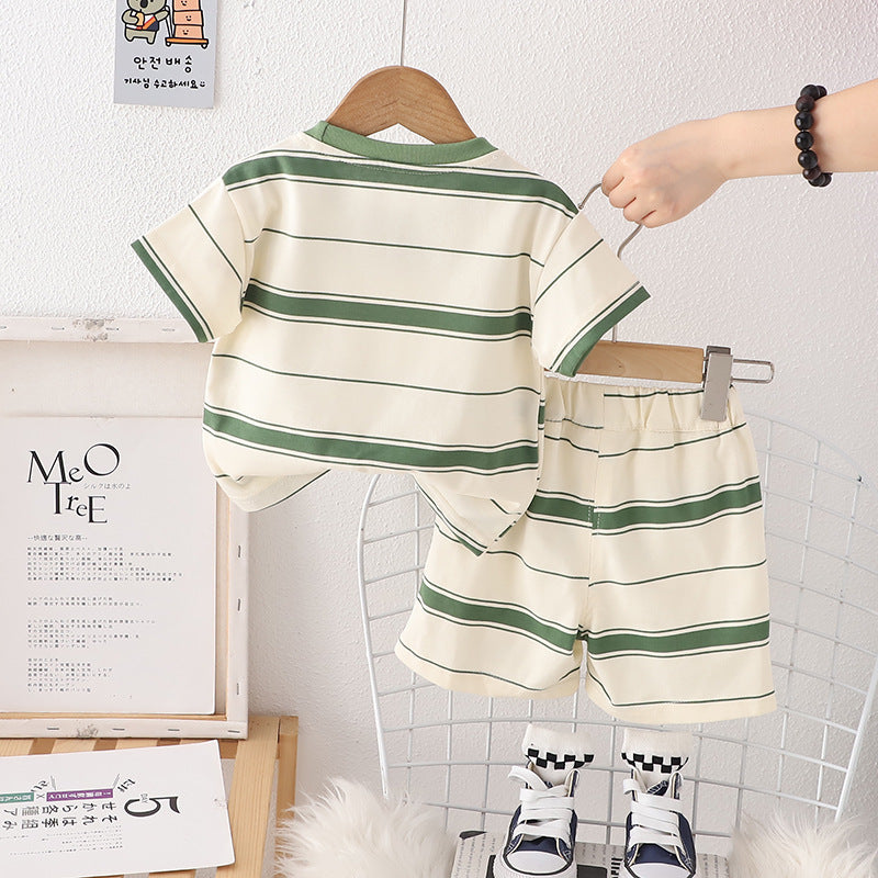 Boys Green Striped Round Neck Short Sleeves Shirt With Shorts