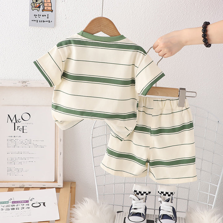 Boys Green Striped Round Neck Short Sleeves Shirt With Shorts