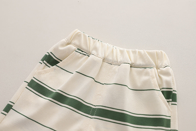 Boys Green Striped Round Neck Short Sleeves Shirt With Shorts