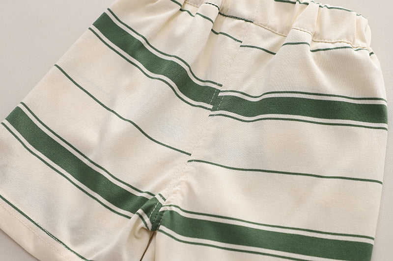 Boys Green Striped Round Neck Short Sleeves Shirt With Shorts