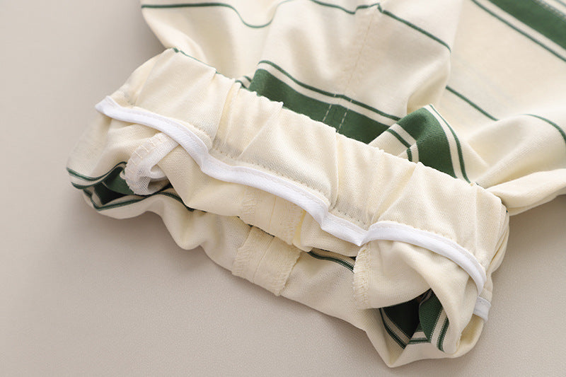 Boys Green Striped Round Neck Short Sleeves Shirt With Shorts