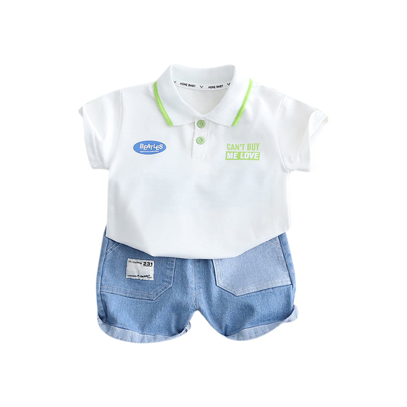 Boys Printed Polo Collar Pure Cotton T-shirt with Shorts