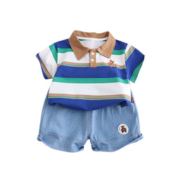 Boys Striped Polo Collar Pure Cotton T-shirt with Shorts