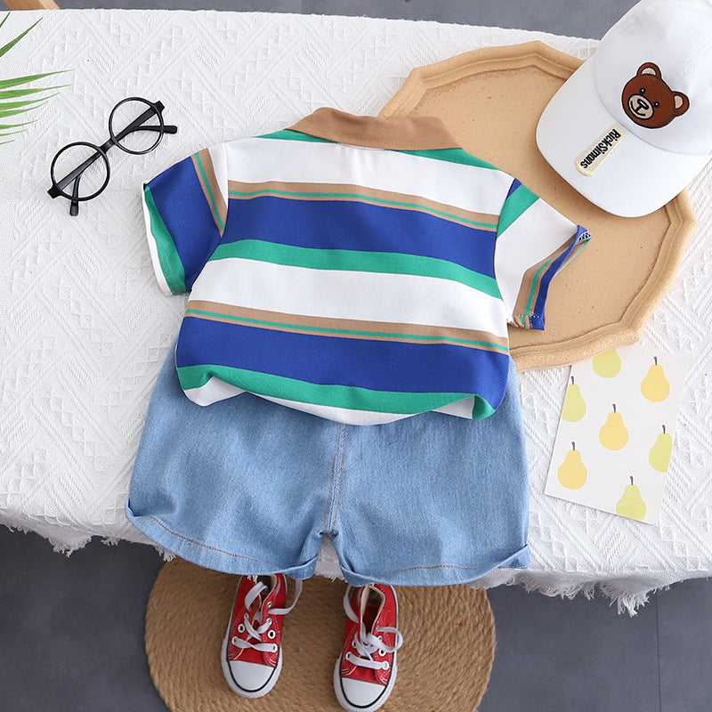 Boys Striped Polo Collar Pure Cotton T-shirt with Shorts