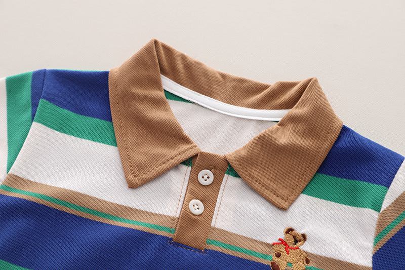 Boys Striped Polo Collar Pure Cotton T-shirt with Shorts