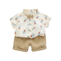 Boys Khaki Colour & White Conversational Printed Shirt with Shorts