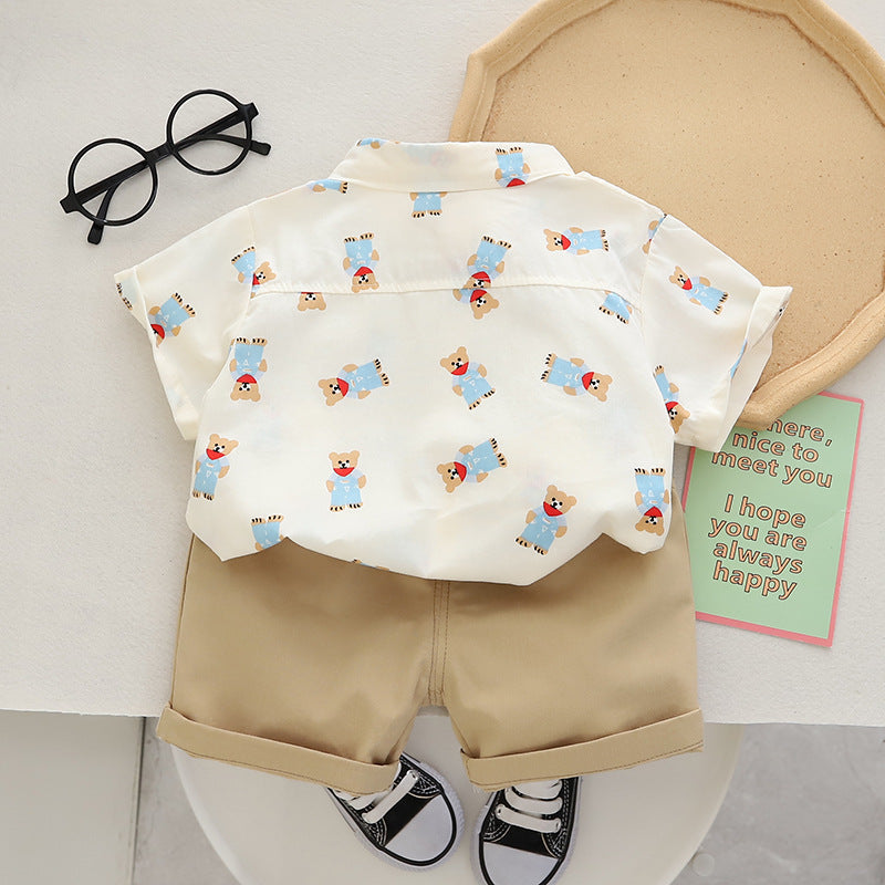 Boys Khaki Colour & White Conversational Printed Shirt with Shorts