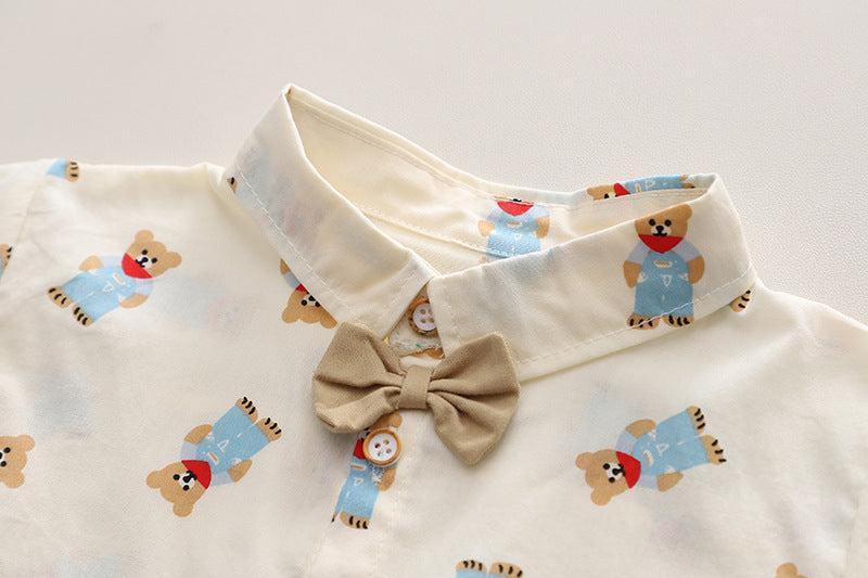 Boys Khaki Colour & White Conversational Printed Shirt with Shorts
