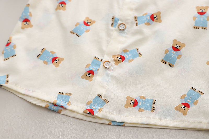 Boys Khaki Colour & White Conversational Printed Shirt with Shorts