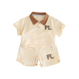 Boys Beige & Brown Polo Collar T-shirt & Shorts