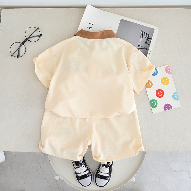 Boys Beige & Brown Polo Collar T-shirt & Shorts