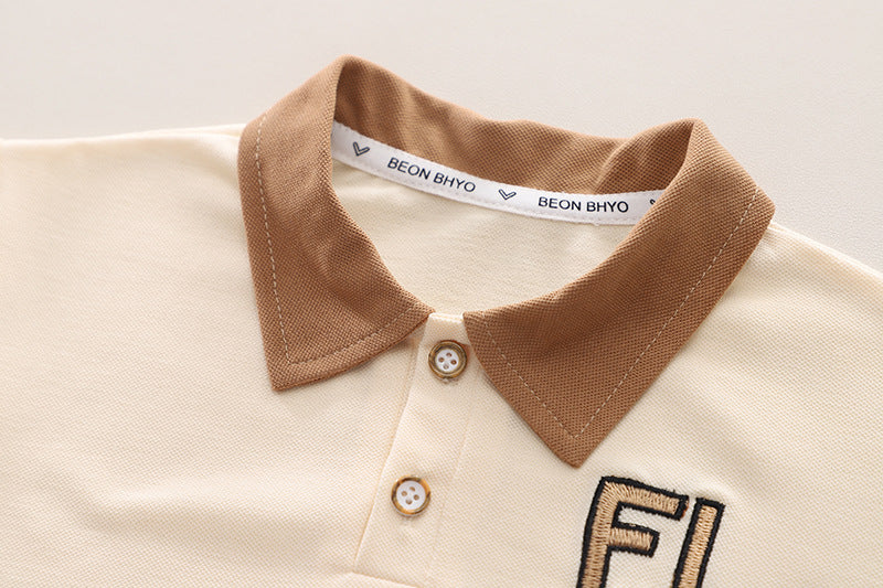 Boys Beige & Brown Polo Collar T-shirt & Shorts
