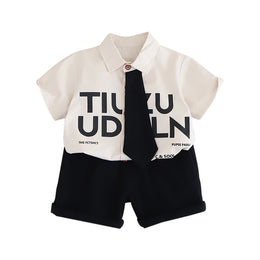 Boys White & Black Printed Shirt with Shorts