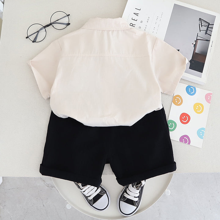 Boys White & Black Printed Shirt with Shorts