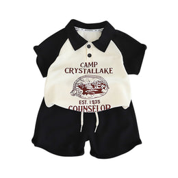 Boys Black & White Printed Polo Collar T-shirt with Shorts