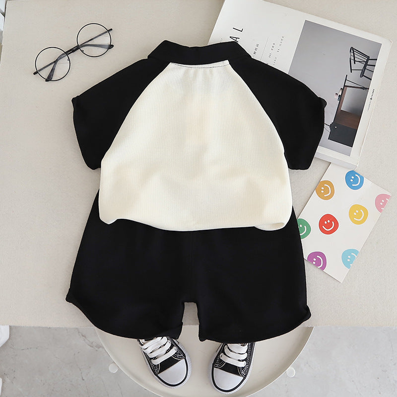 Boys Black & White Printed Polo Collar T-shirt with Shorts