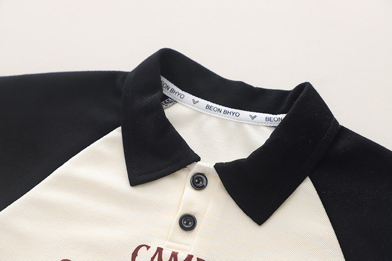 Boys Black & White Printed Polo Collar T-shirt with Shorts