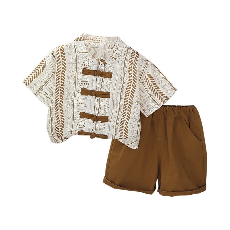 Boys Printed Mandarin Collar Shirt with Shorts