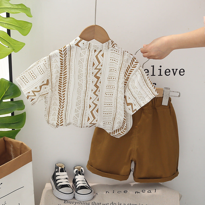 Boys Printed Mandarin Collar Shirt with Shorts