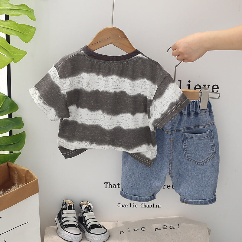 Boys Brown & Blue Dyed Round Neck T-shirt with Shorts