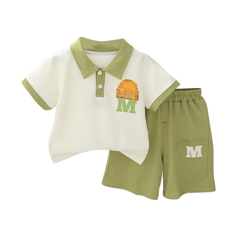 Boys Green & White Printed Polo Collar T Shirt with Shorts