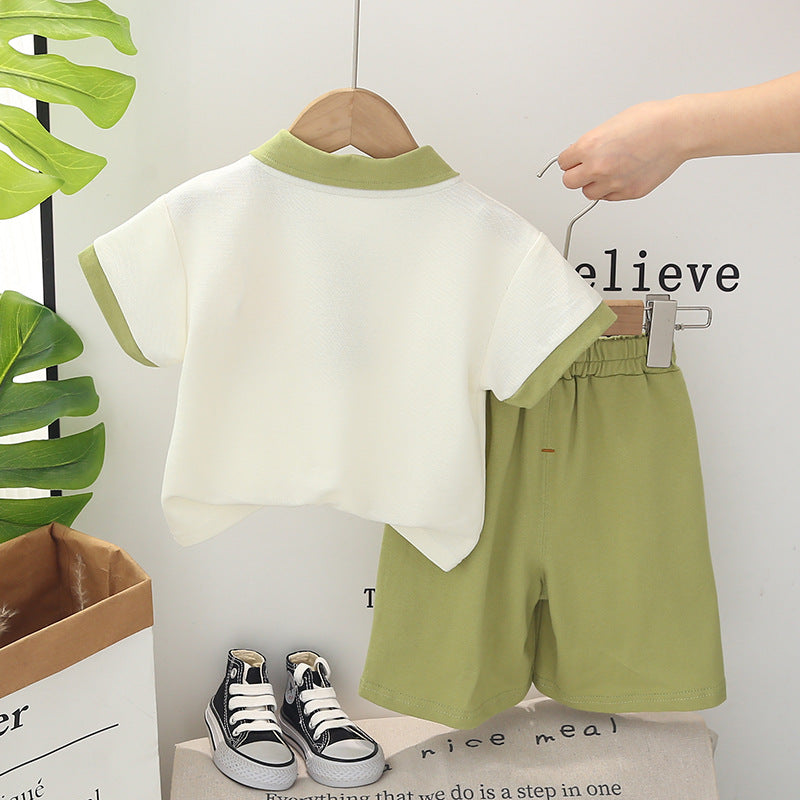 Boys Green & White Printed Polo Collar T Shirt with Shorts