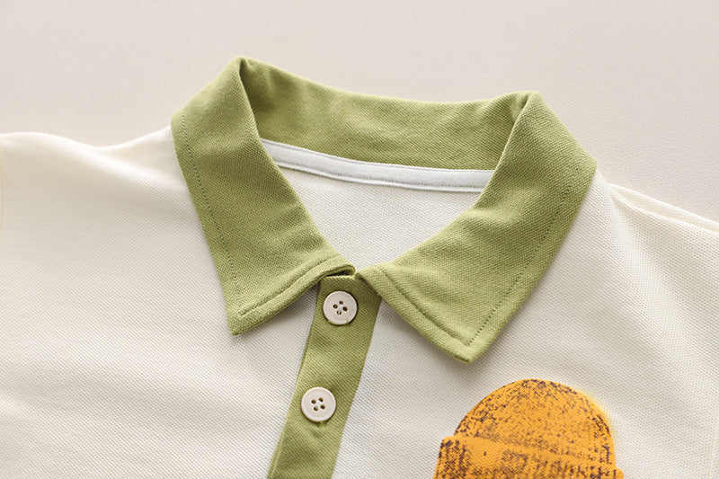 Boys Green & White Printed Polo Collar T Shirt with Shorts