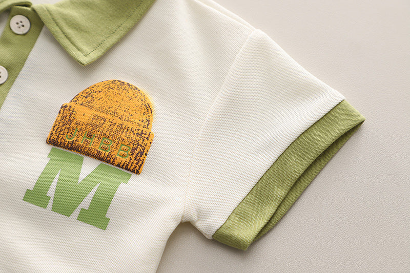Boys Green & White Printed Polo Collar T Shirt with Shorts