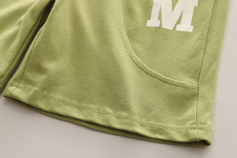 Boys Green & White Printed Polo Collar T Shirt with Shorts