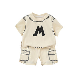 Boys Beige Printed Round Neck T-Shirt With Shorts