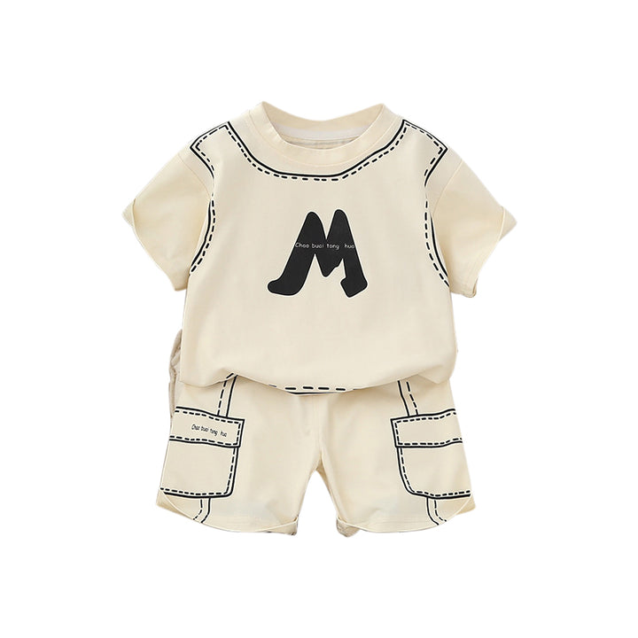 Boys Beige Printed Round Neck T-Shirt With Shorts