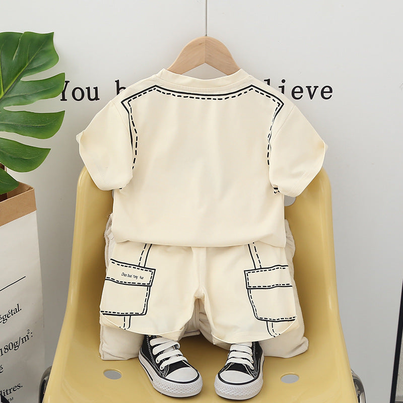 Boys Beige Printed Round Neck T-Shirt With Shorts