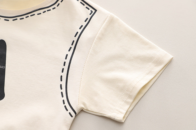 Boys Beige Printed Round Neck T-Shirt With Shorts