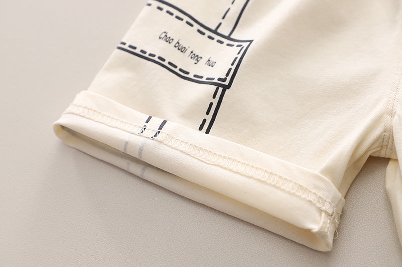 Boys Beige Printed Round Neck T-Shirt With Shorts