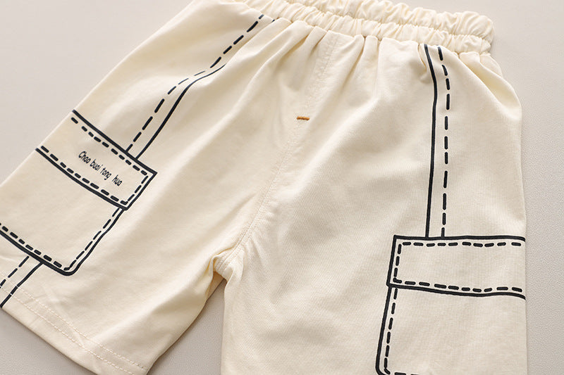 Boys Beige Printed Round Neck T-Shirt With Shorts