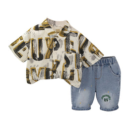 Boys Yellow & Blue Printed Shirt with Shorts