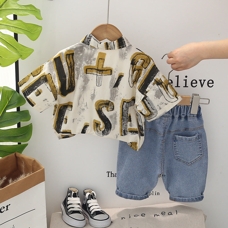 Boys Yellow & Blue Printed Shirt with Shorts