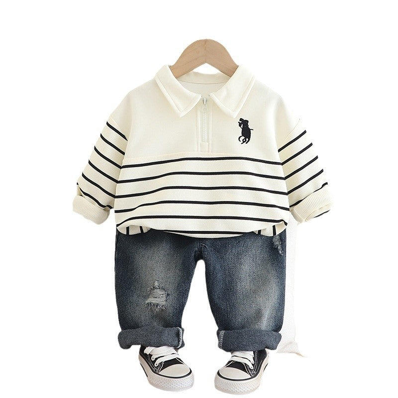 Boys Striped Polo Collar T-Shirt With Jogger