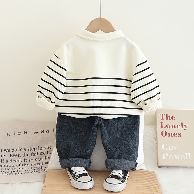 Boys Striped Polo Collar T-Shirt With Jogger