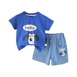Boys Blue & White Graphic Printed Round Neck T-shirt & Shorts