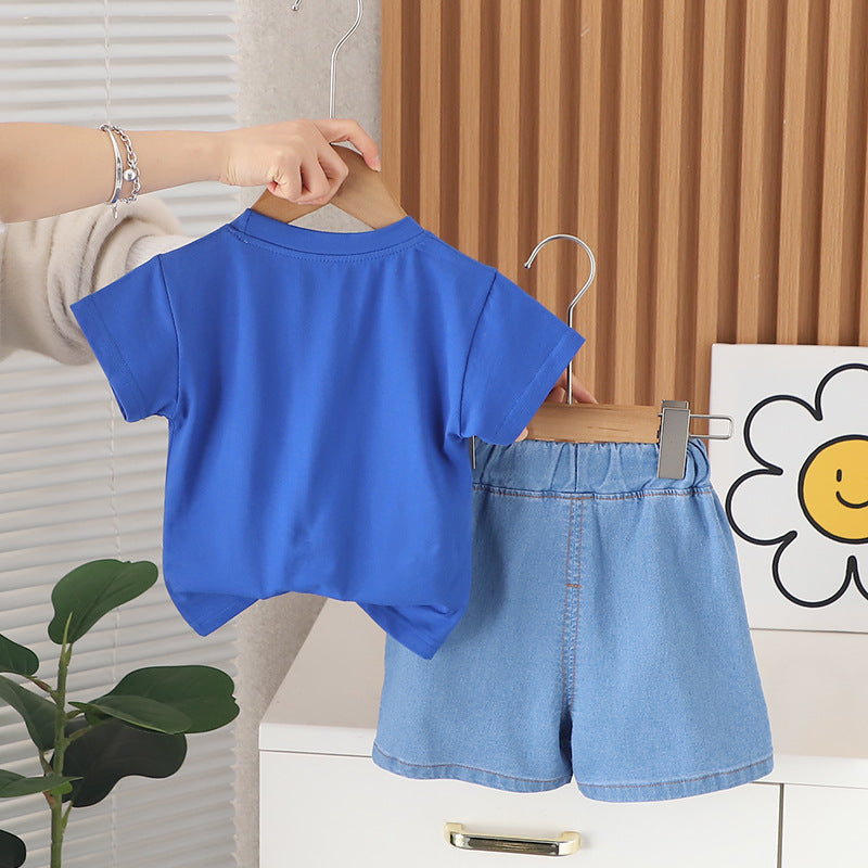 Boys Blue & White Graphic Printed Round Neck T-shirt & Shorts