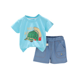 Boys Blue Graphic Printed Round Neck Short Sleeves T-shirt With Shorts