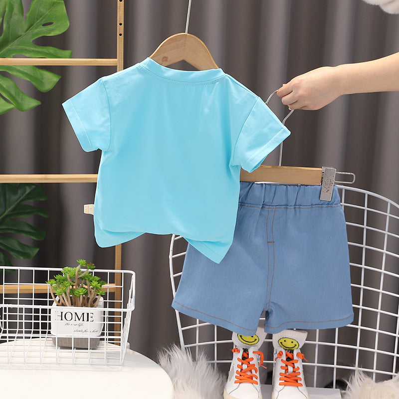 Boys Blue Graphic Printed Round Neck Short Sleeves T-shirt With Shorts