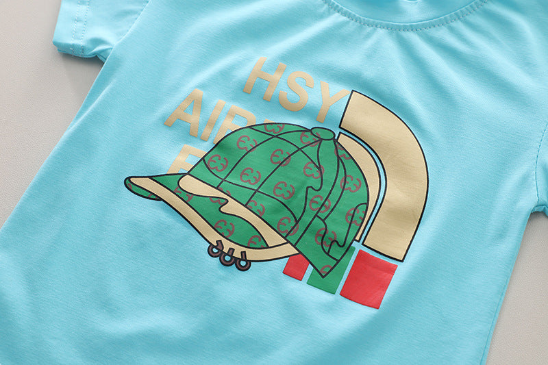 Boys Blue Graphic Printed Round Neck Short Sleeves T-shirt With Shorts