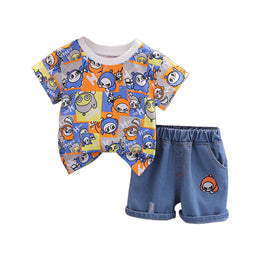 Boys Conversational Printed Round Neck T-shirt with Shorts