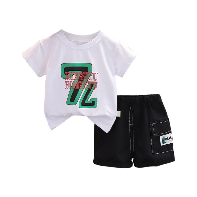 Boys White Typography Printed Round Neck T-shirt With Shorts