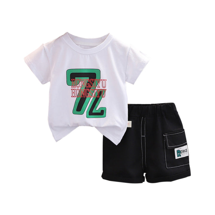Boys White Typography Printed Round Neck T-shirt With Shorts