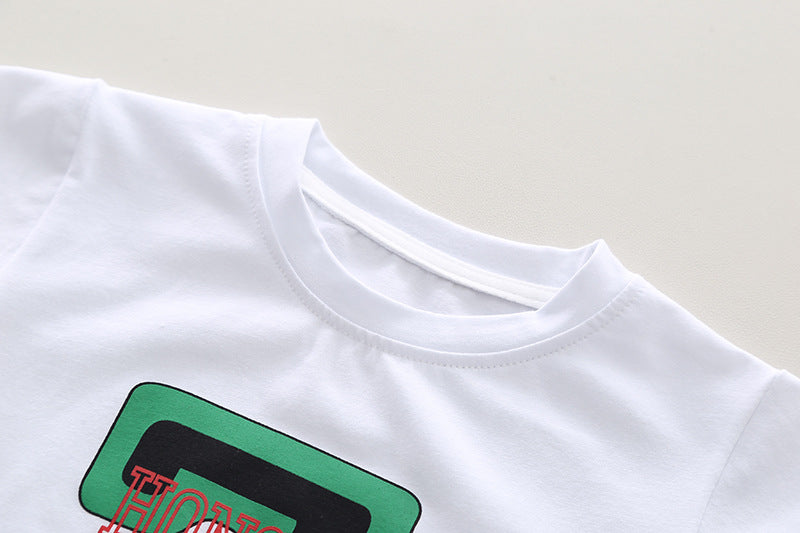Boys White Typography Printed Round Neck T-shirt With Shorts